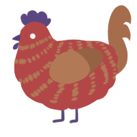 A red and brown chicken with a bar pattern