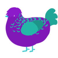 A violet and turquoise chicken with a half-lace pattern