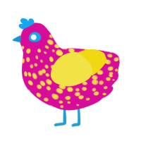A fuchsia and yellow chicken with a speckle pattern