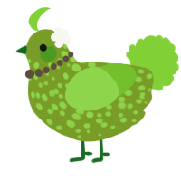 A chartreuse and grass chicken with a speckle pattern