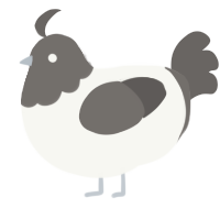A white and grey chicken with a head pattern