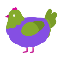 A blurple and chartreuse chicken with a head pattern