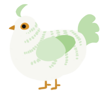 A white and gluppy chicken with a half-bar pattern