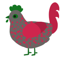 A grey and crimson chicken with a speckle pattern