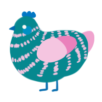 A teal and pink chicken with a bar pattern
