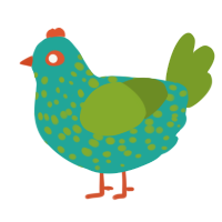 A turquoise and chartreuse chicken with a speckle pattern