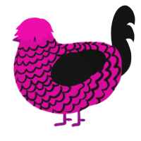Clem, a fuchsia and black chicken with a lace pattern