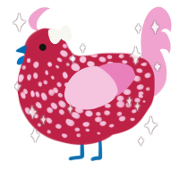 A crimson and pink chicken with a speckle pattern