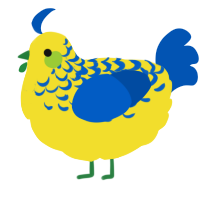 A yellow and ultramarine chicken with a half-lace pattern