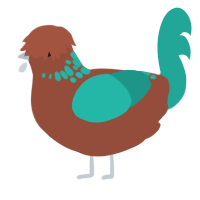 A russet and turquoise chicken with a neck-speckle pattern