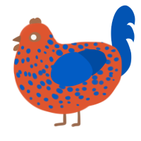 A vermilion and ultramarine chicken with a speckle pattern