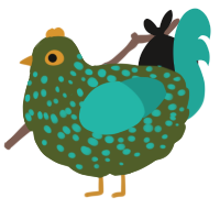 A olive and turquoise chicken with a speckle pattern