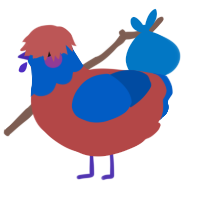 A red and ultramarine chicken with a head pattern