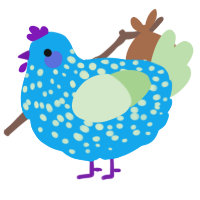 A sky and gluppy chicken with a speckle pattern