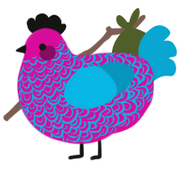 A fuchsia and cerulean chicken with a double-lace pattern