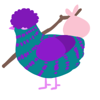 A teal and violet chicken with a bar pattern