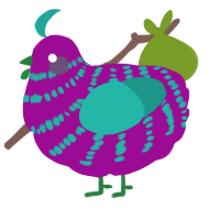 A plum and turquoise chicken with a bar pattern
