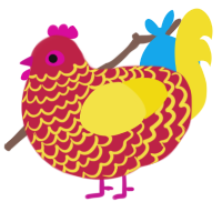 fish, a crimson and yellow chicken with a lace pattern