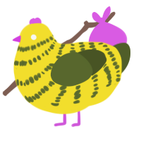 A yellow and olive chicken with a bar pattern