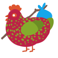Noelle, a crimson and chartreuse chicken with a speckle pattern