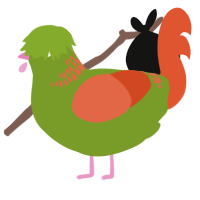 A chartreuse and vermilion chicken with a neck-band pattern