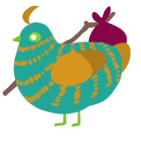 A turquoise and ochre chicken with a bar pattern