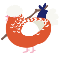 A vermilion and white chicken with a half-lace pattern