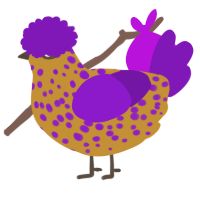 A gold and violet chicken with a speckle pattern