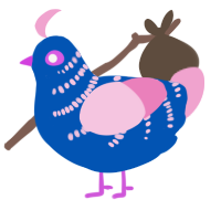 A ultramarine and pink chicken with a half-bar pattern