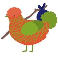 A vermilion and chartreuse chicken with a lace pattern