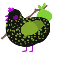 A black and chartreuse chicken with a speckle pattern