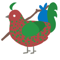A red and viridian chicken with a speckle pattern