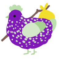 A violet and gluppy chicken with a speckle pattern