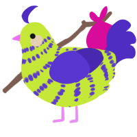 A lime and indigo chicken with a bar pattern