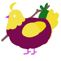 A wine and yellow chicken with a head pattern