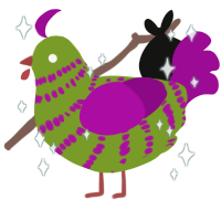 Freaky, a chartreuse and plum chicken with a bar pattern