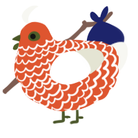 A vermilion and white chicken with a lace pattern
