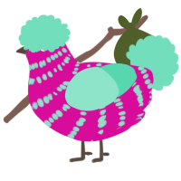 A fuchsia and mint chicken with a bar pattern