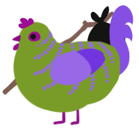 A chartreuse and blurple chicken with a half-bar pattern
