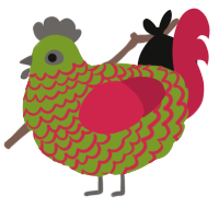 A chartreuse and crimson chicken with a lace pattern