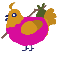 A fuchsia and ochre chicken with a head pattern