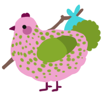 A pink and chartreuse chicken with a speckle pattern