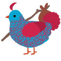 A cerulean and crimson chicken with a double-lace pattern