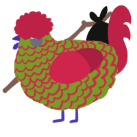 A chartreuse and crimson chicken with a lace pattern