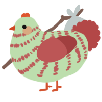 A gluppy and red chicken with a bar pattern