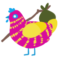 A fuchsia and yellow chicken with a bar pattern