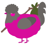Disco, a fuchsia and grey chicken with a head pattern