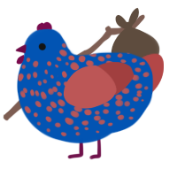 A ultramarine and red chicken with a speckle pattern