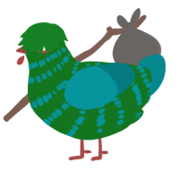 A leaf and teal chicken with a bar pattern