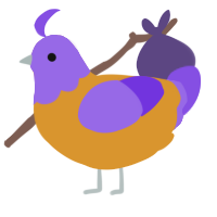 A orange and blurple chicken with a head pattern